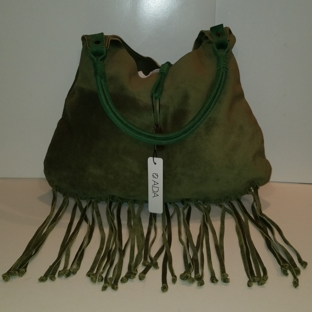 ADA COLLECTION GREEN SUEDE FRINGE HOBO CHICK BAG - Picture 4 of 7